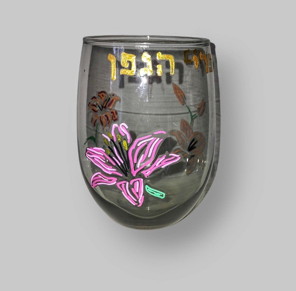 Blessing over wine kiddush cup — etched glass painted with lilies | Judaica Square Lakewood (view 6)