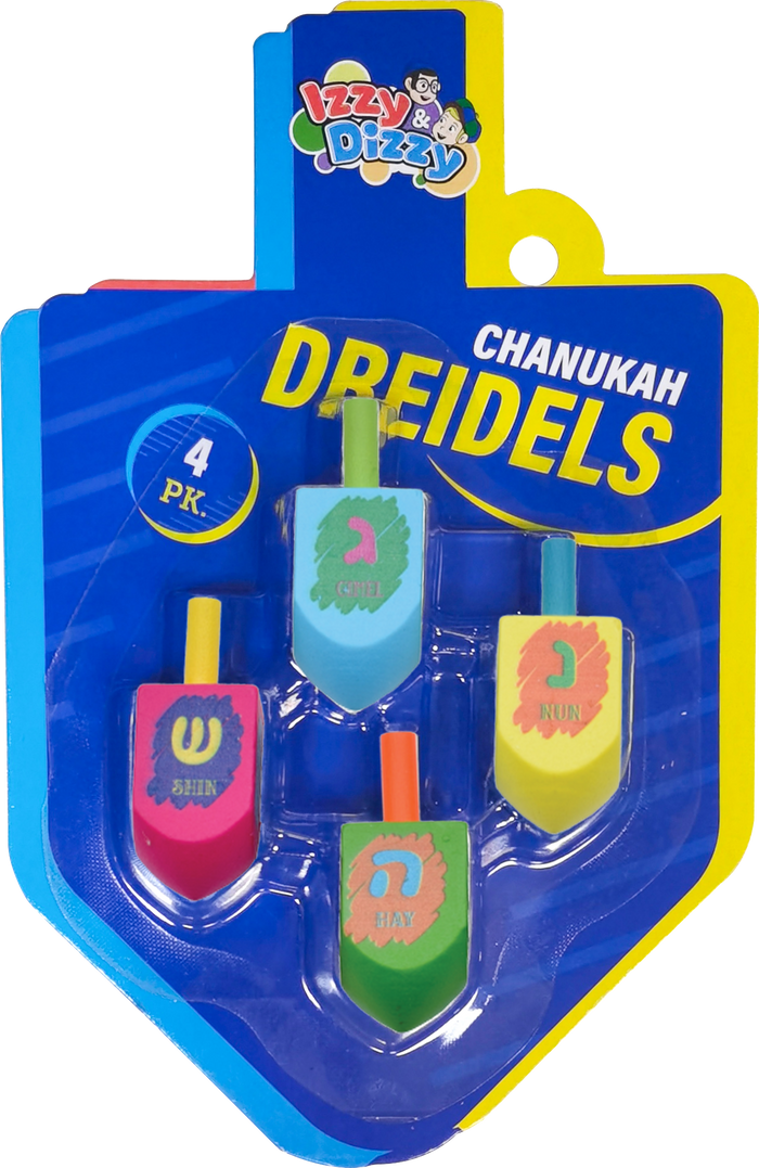 Multi-Colored Painted Wood Dreidels, Medium — four wooden dreidels in different painted colors | Judaica Square Lakewood