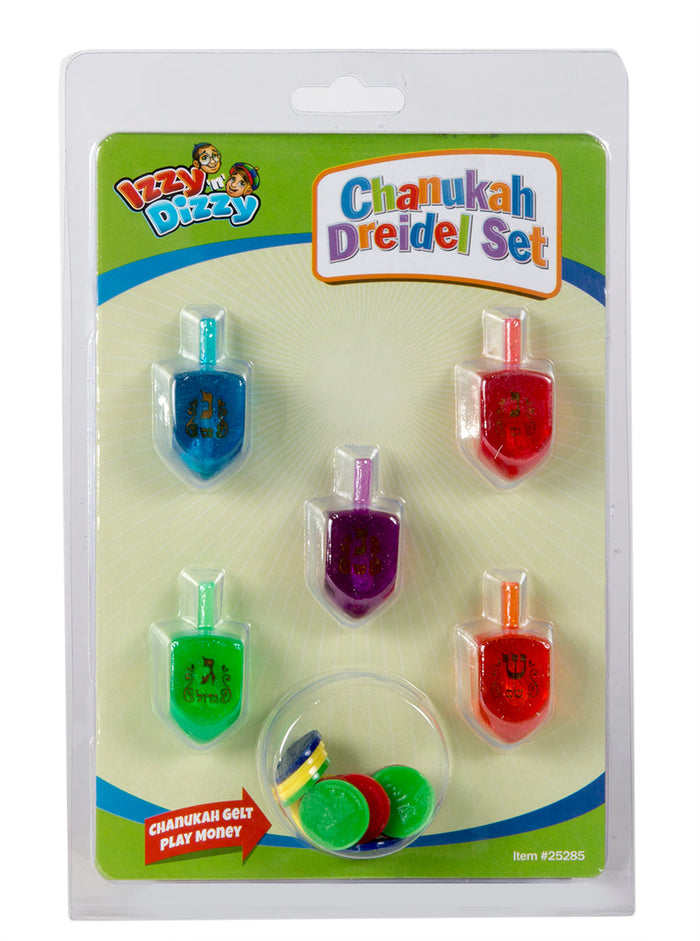 Clear Glitter Dreidel Set — transparent lucite dreidels with loose glitter visible inside | Judaica Square Lakewood
