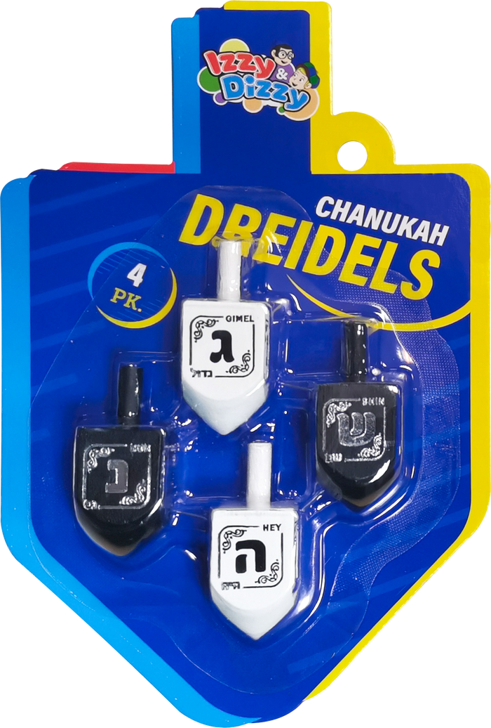 Black & White Wood Dreidels Medium 4-Pack — four wooden dreidels in black and white | Judaica Square Lakewood