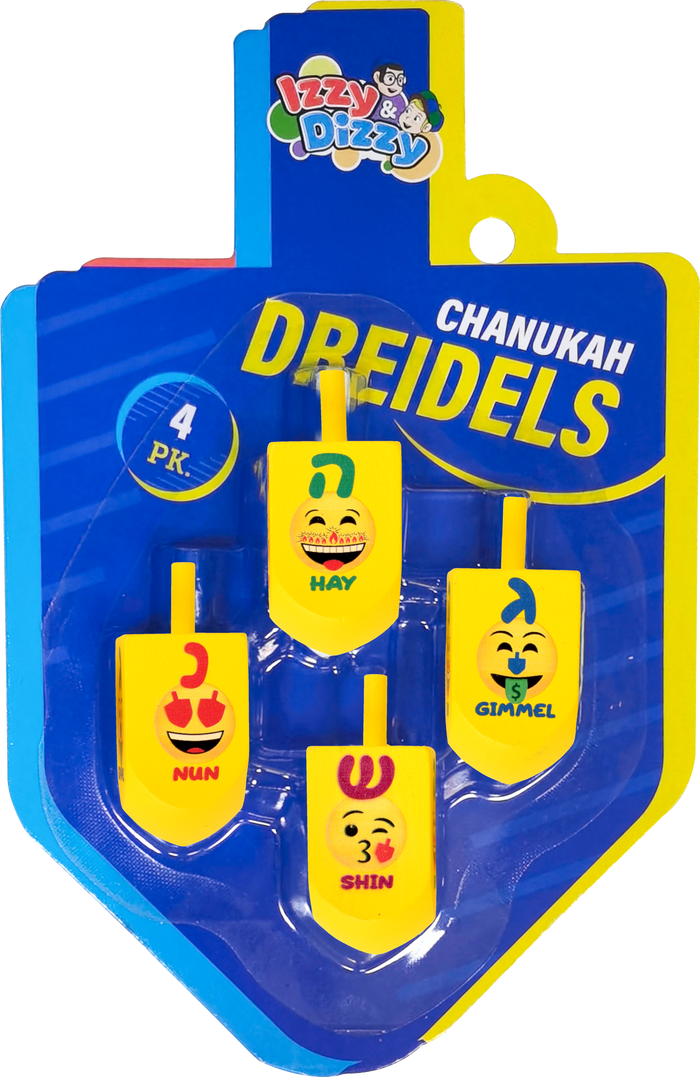 Chanukah Emoji Dreidels 4-pack — dreidels printed with emoji faces and Hebrew letters | Judaica Square Lakewood