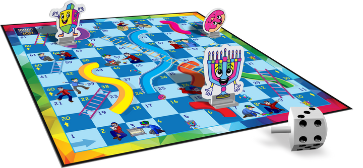 Chanukah Slides-n-Ladders Game: full-size game board open on a table