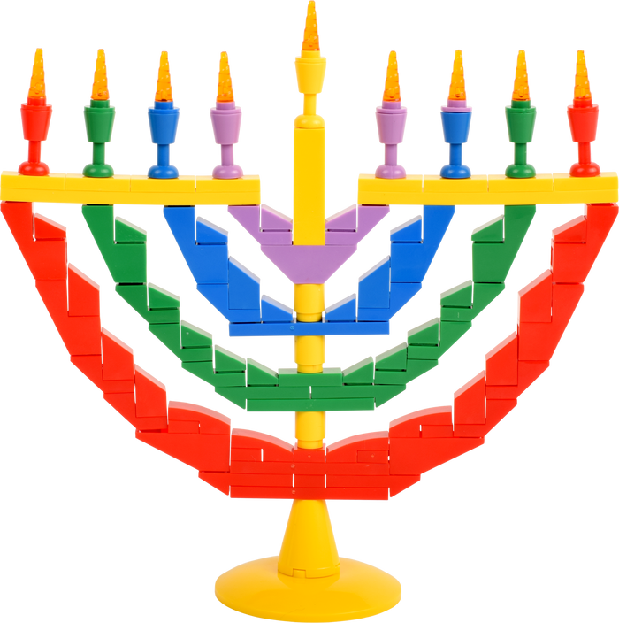 Bricks Menorah Set — colorful interlocking-brick Chanukah menorah assembled on a table | Judaica Square Lakewood