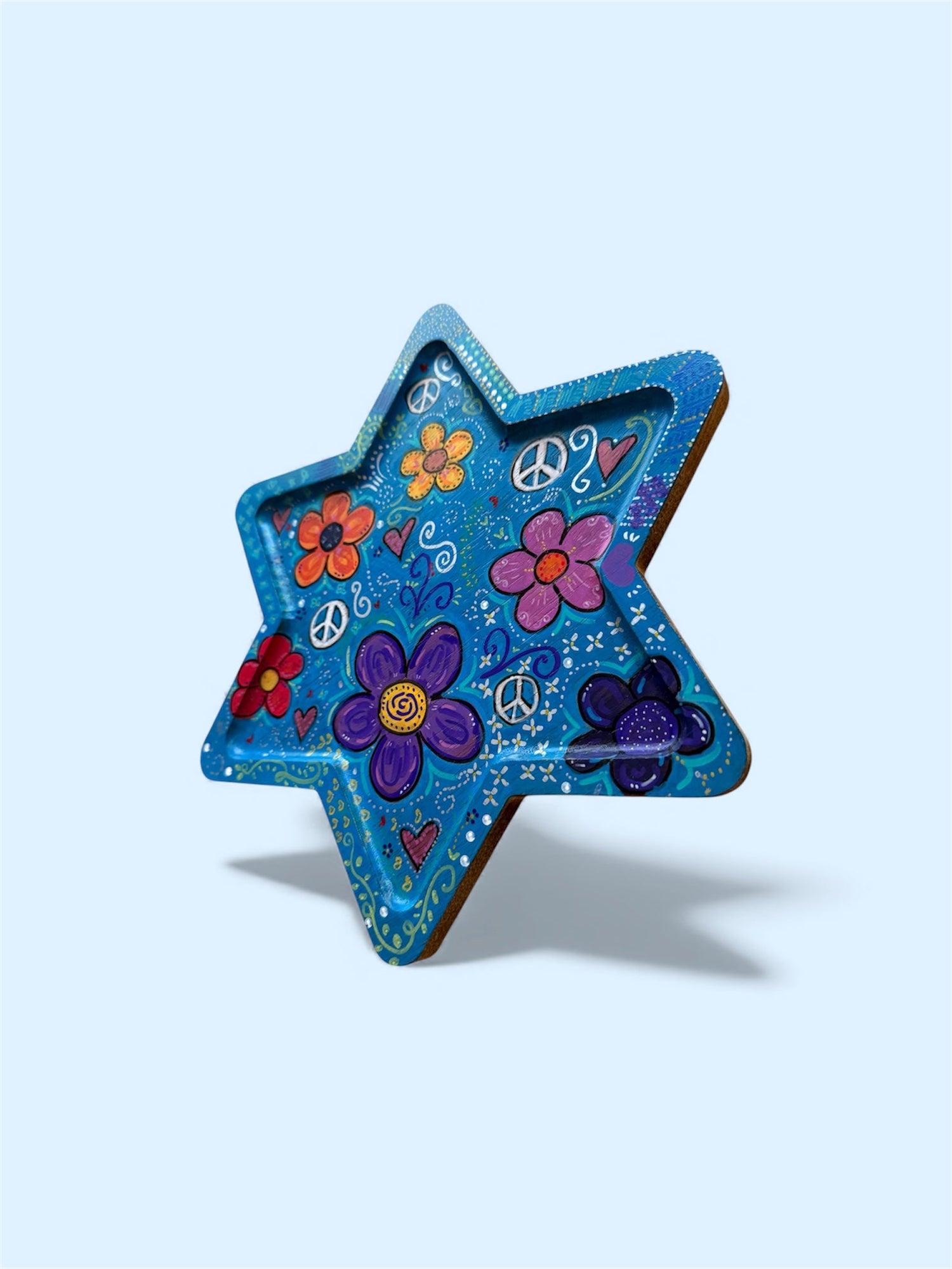 Peace and love Star of David tray — Woodstock-inspired hand-painted wood tray | Judaica Square Lakewood (view 4)