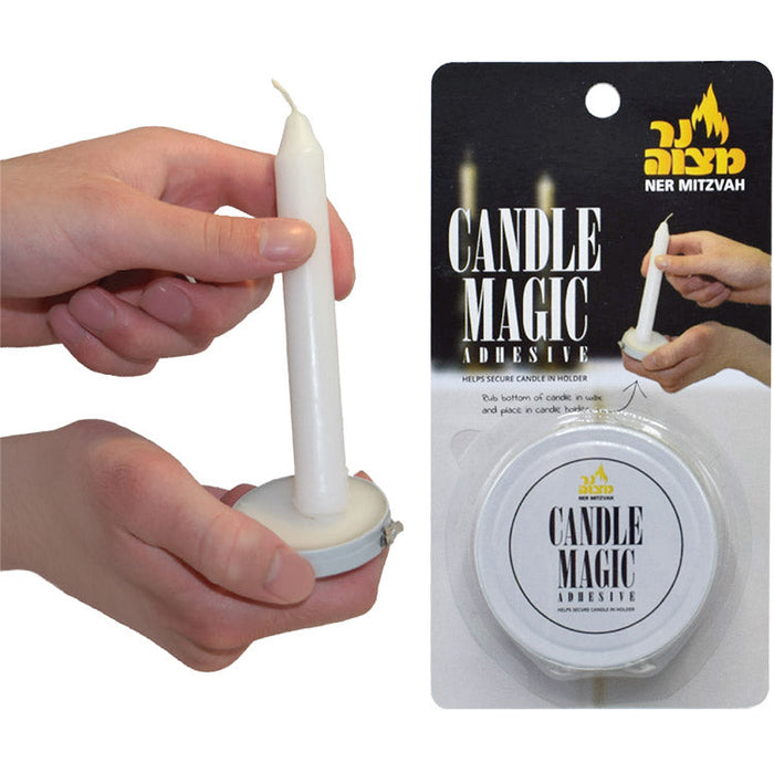 Candle Magic — open tin of soft candle-sticking wax beside a white candle | Judaica Square Lakewood