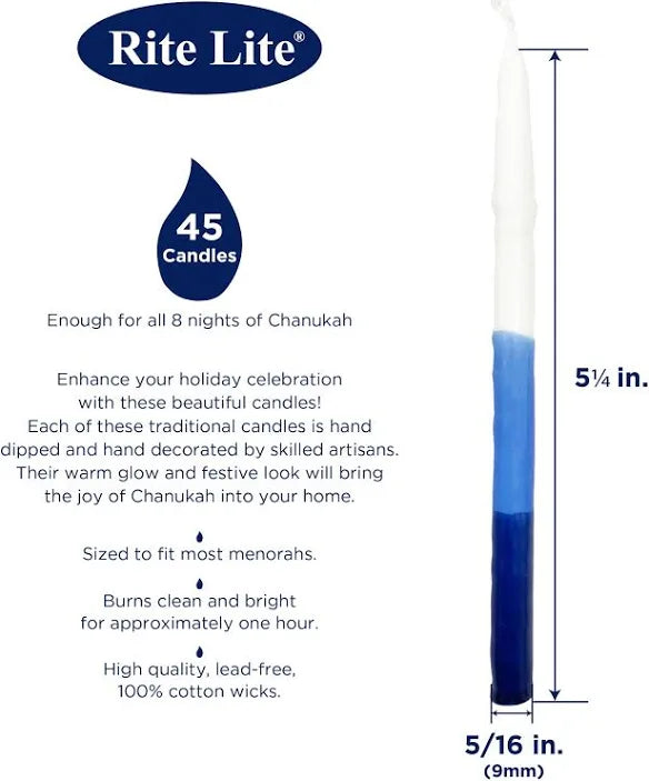 Blue and white Hanukkah candles — box of 45 hand-dipped tapers for a menorah | Judaica Square Lakewood (view 8)