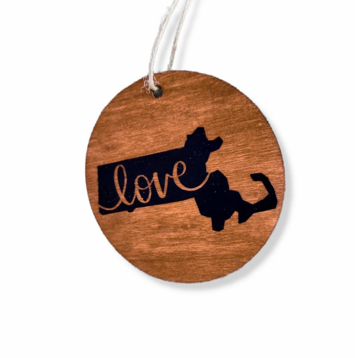 Stained wood Massachusetts state ornament with the word Love in vinyl | Judaica Square Lakewood (view 8)