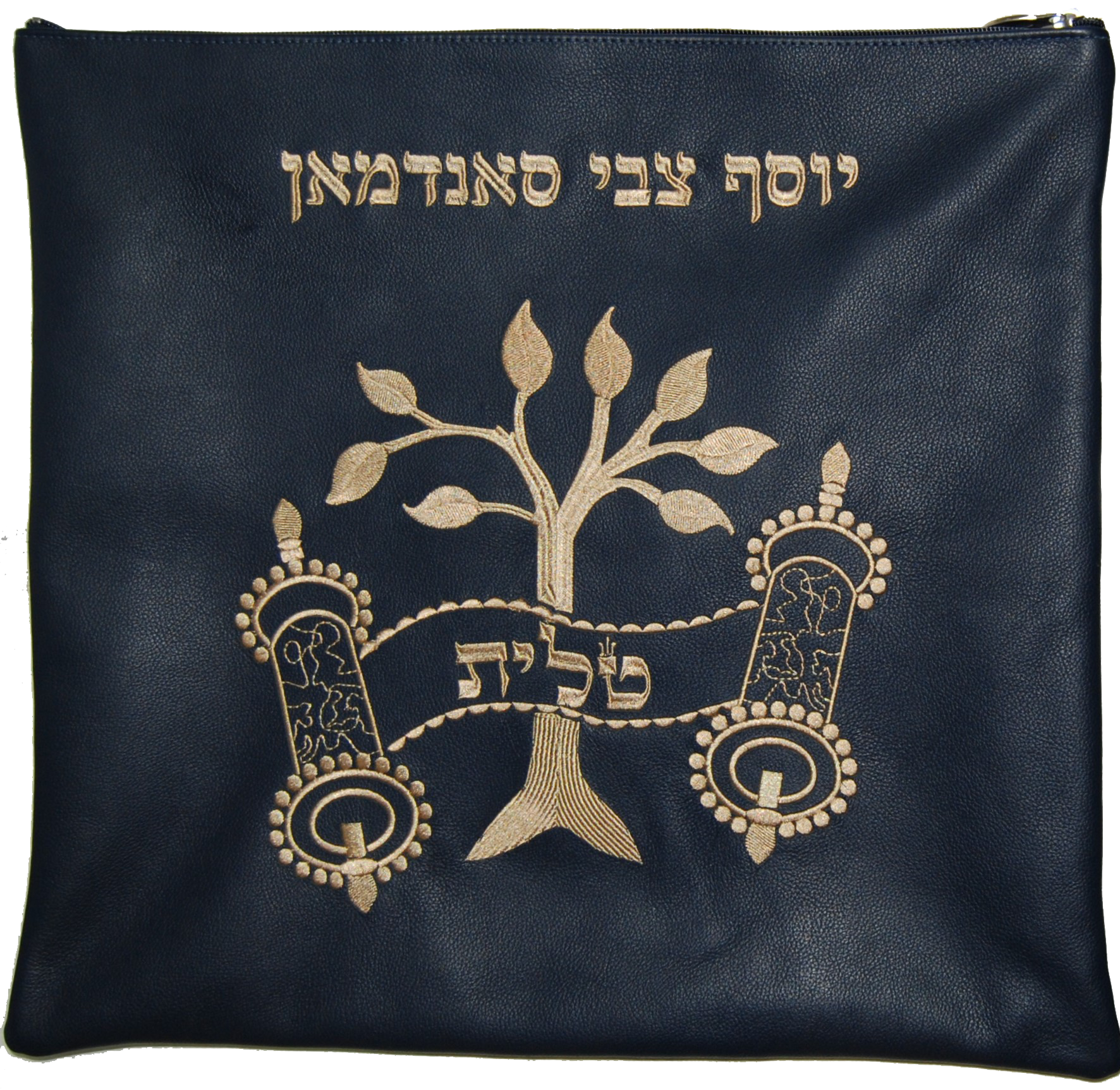 Prestige Leather Tallit & Tefillin Bag — Eitz Chaim & Crown Design, Traditional Collection (270A-NV2)