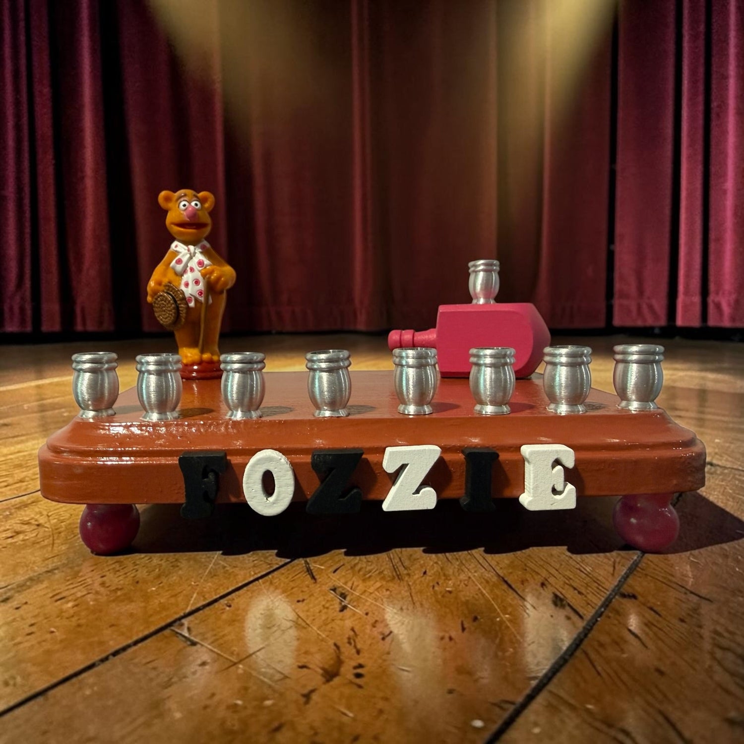 Fozzie Bear menorah — Muppets bear chess piece on painted wood with aluminum cups | Judaica Square Lakewood (view 9)