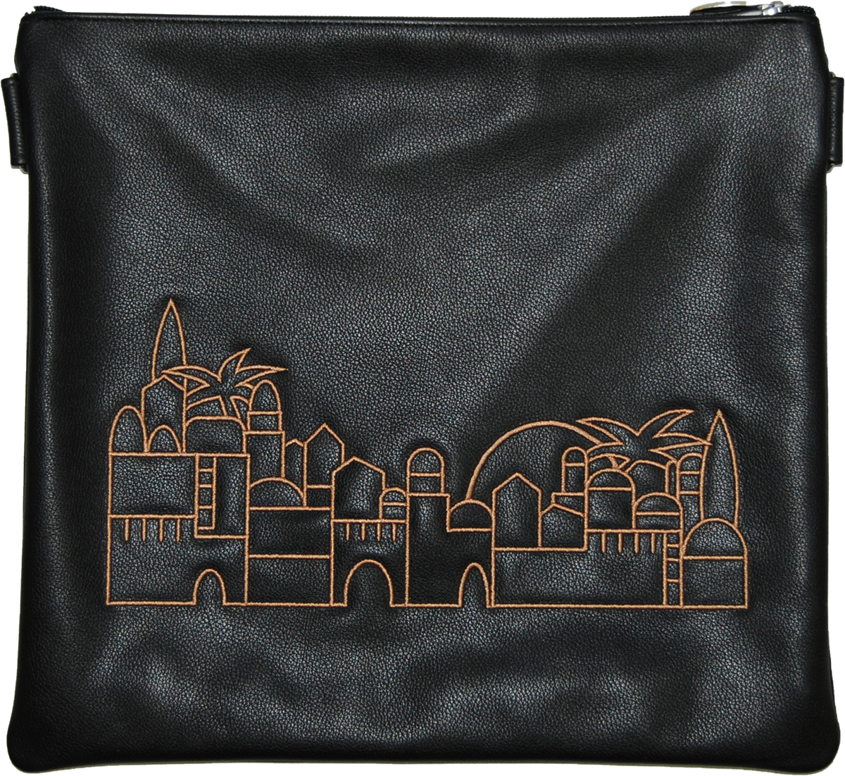 Prestige Leather Tallit & Tefillin Bag — Jerusalem & Yerushalayim Design, Traditional Collection (275A-BK)