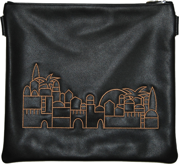 Prestige Leather Tallit & Tefillin Bag — Jerusalem & Yerushalayim Design, Traditional Collection (275A-BK)