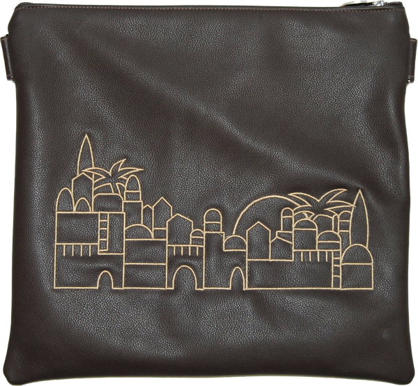 Prestige Leather Tallit & Tefillin Bag — Jerusalem & Yerushalayim Design, Traditional Collection (275A-BR)
