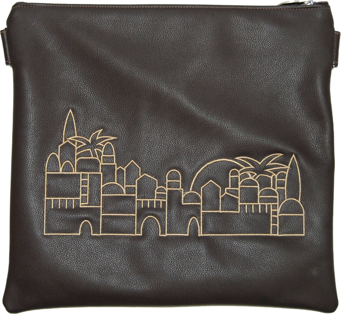 Prestige Leather Tallit & Tefillin Bag — Jerusalem & Yerushalayim Design, Traditional Collection (275A-BR)