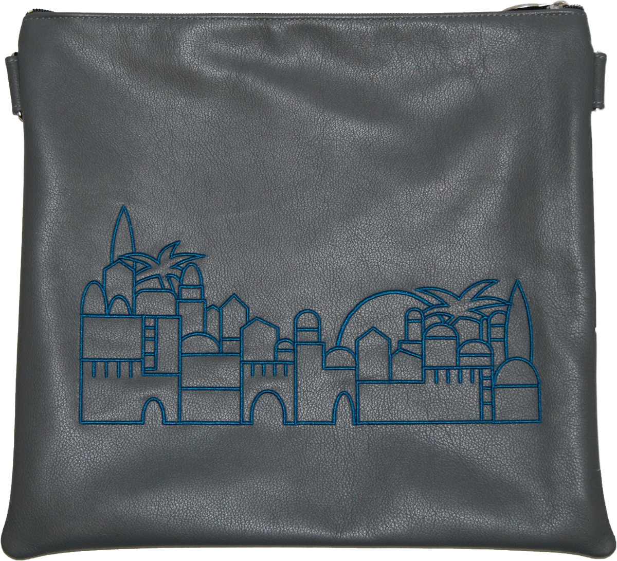 Prestige Leather Tallit & Tefillin Bag — Jerusalem & Yerushalayim Design, Traditional Collection (275A-LG)