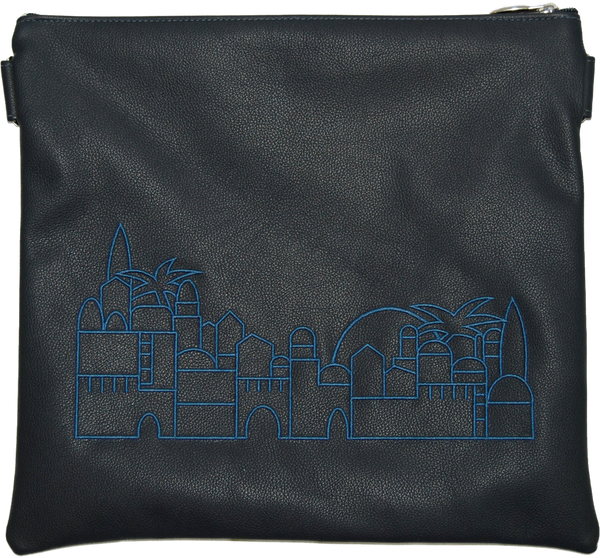 Prestige Leather Tallit & Tefillin Bag — Jerusalem & Yerushalayim Design, Traditional Collection (275A-NV)