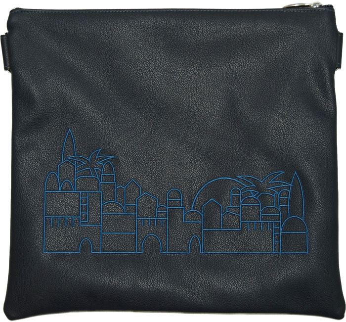 Prestige Leather Tallit & Tefillin Bag — Jerusalem & Yerushalayim Design, Traditional Collection (275A-NV)