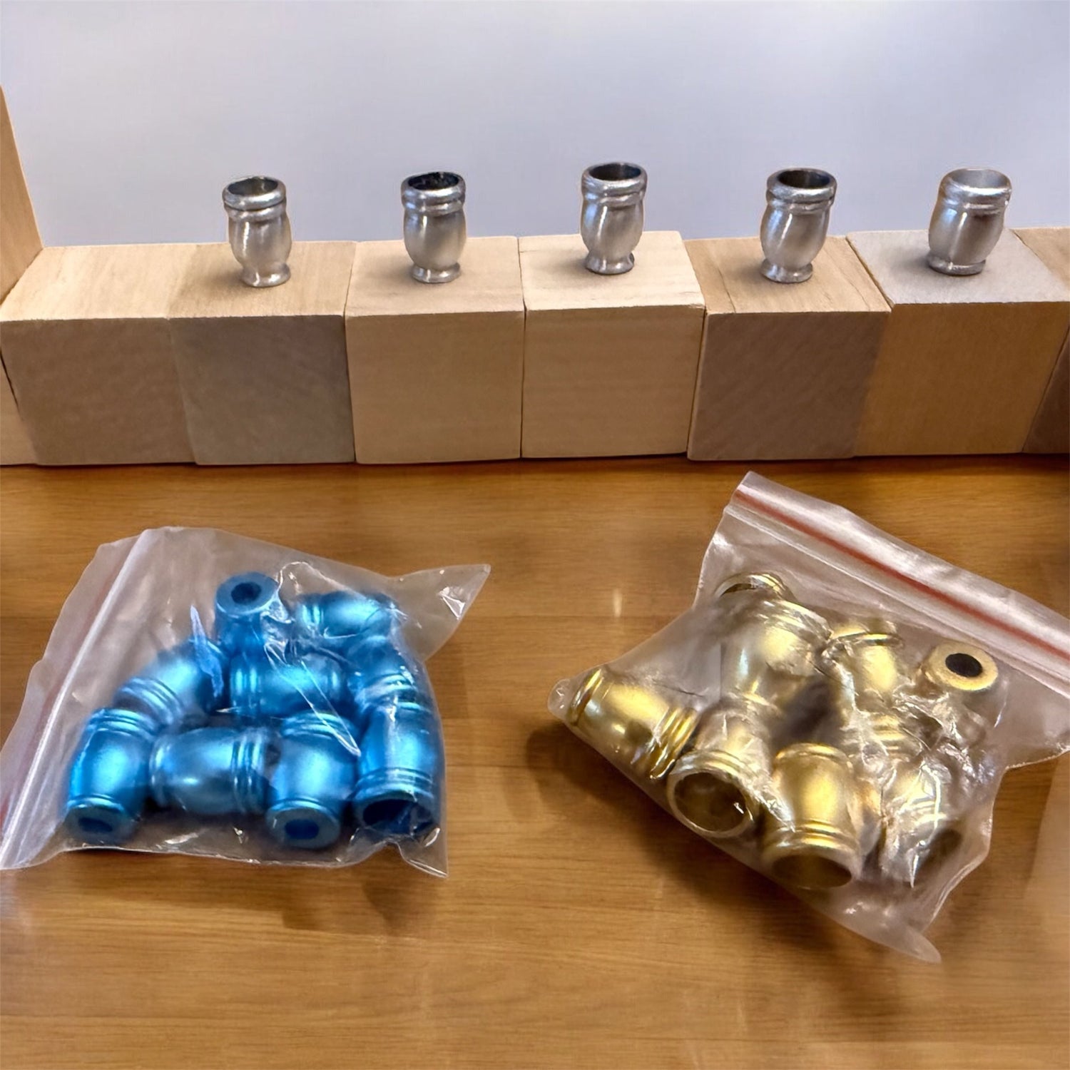Block menorah kit — birch cubes, wooden dreidel, acrylic paints and aluminum candle cups | Judaica Square Lakewood (view 4)