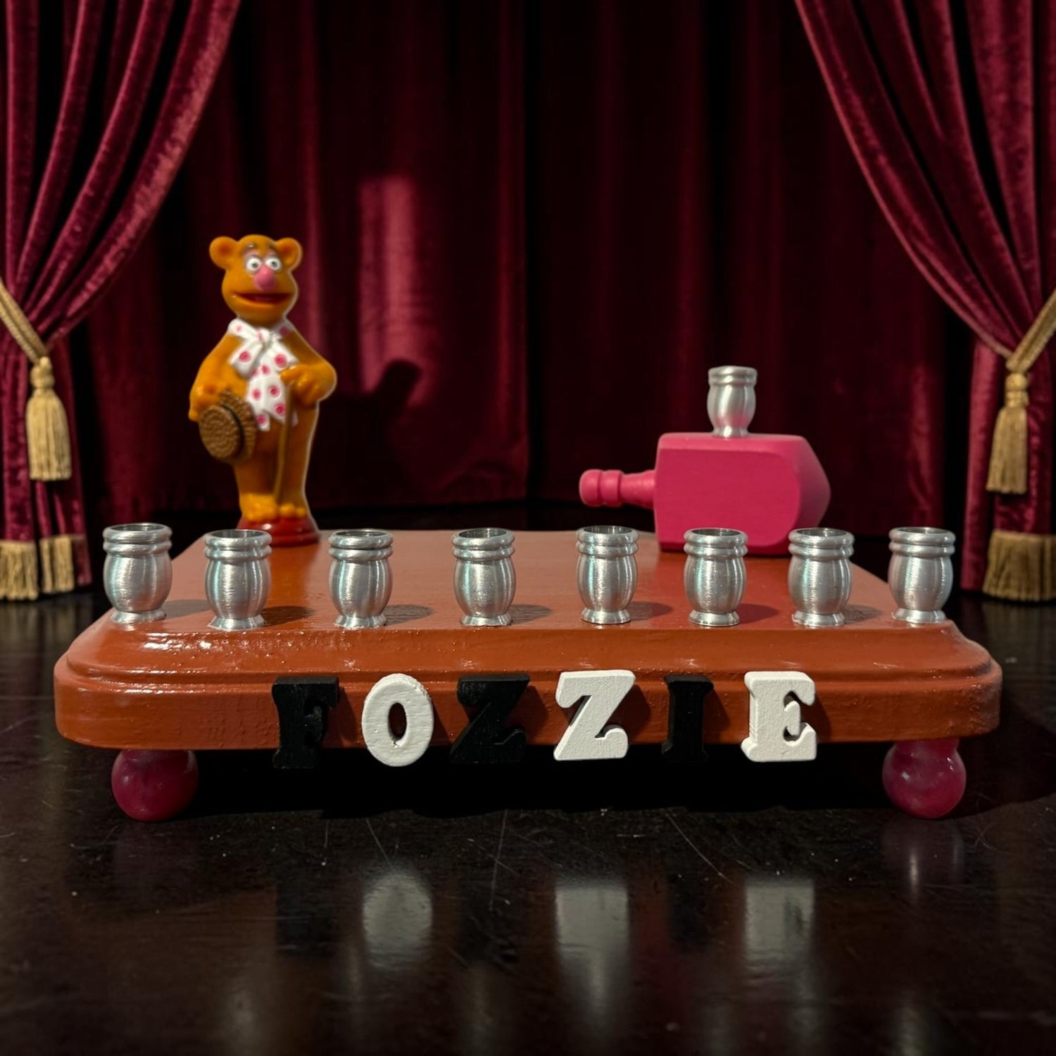 Fozzie Bear menorah — Muppets bear chess piece on painted wood with aluminum cups | Judaica Square Lakewood (view 7)
