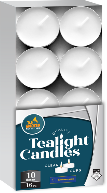 Tealights in Clear Plastic Cups — row of clear-cup tealight candles | Judaica Square Lakewood
