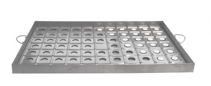 Metal Tray for 76 Mini Tealights — wide rectangular metal tray with a grid of round tealight openings | Judaica Square Lakewood