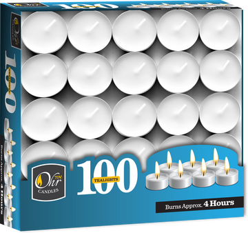 Plastic-Wrapped Tealight Candles — bulk box of 100 individually sealed tealights | Judaica Square Lakewood