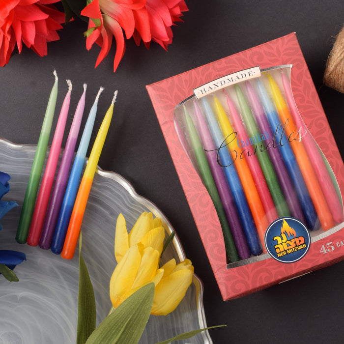 Tri-Color Chanukah Candles — box of 45 candles in three-color striping | Judaica Square Lakewood