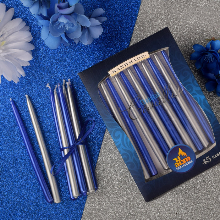 Blue & Silver Metallic Chanukah Candles — box of 45 metallic blue and silver candles | Judaica Square Lakewood