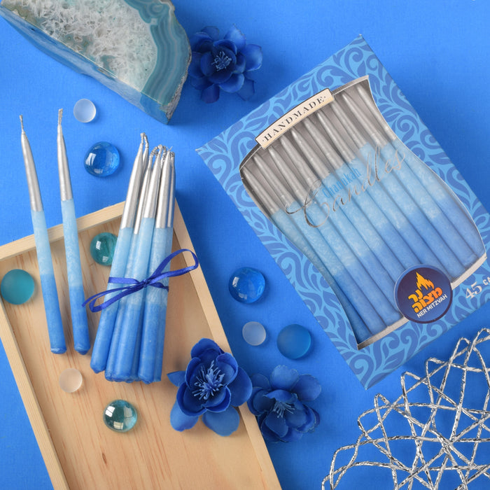 Blue Chanukah Candles with Silver Tips — 45 decorated candles in a box | Judaica Square Lakewood