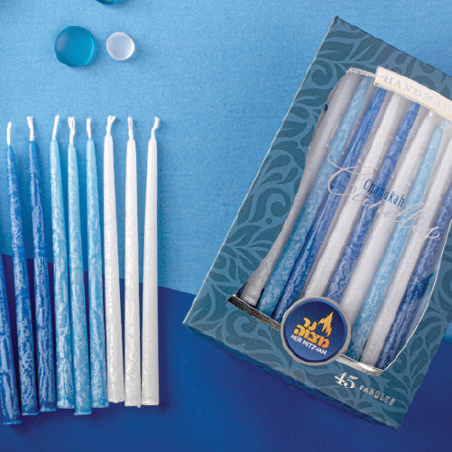Blue & White Decorated Chanukah Candles — patterned blue and white menorah candles | Judaica Square Lakewood