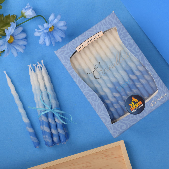 Blue & White Spiral Chanukah Candles 45-Pack — box of 45 twisted blue and white candles | Judaica Square Lakewood