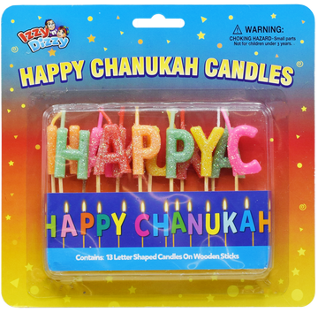 Happy Chanukah Candles — 13 letter-shaped candles on wooden sticks | Judaica Square Lakewood