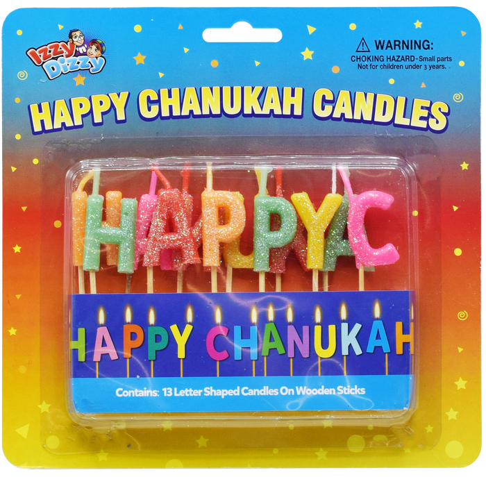 Happy Chanukah Candles — 13 letter-shaped candles on wooden sticks | Judaica Square Lakewood