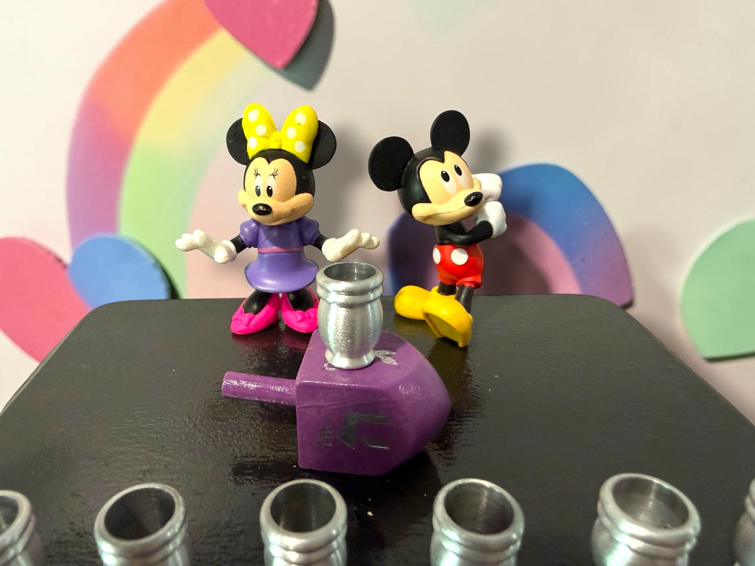 Mickey and Minnie Mouse menorah — repurposed Disney figures on painted wood plaque | Judaica Square Lakewood (view 8)