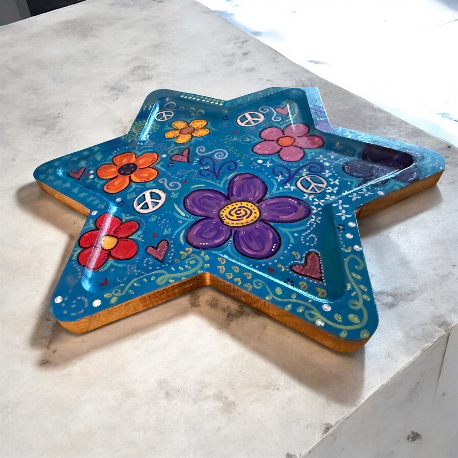 Peace and love Star of David tray — Woodstock-inspired hand-painted wood tray | Judaica Square Lakewood (view 6)