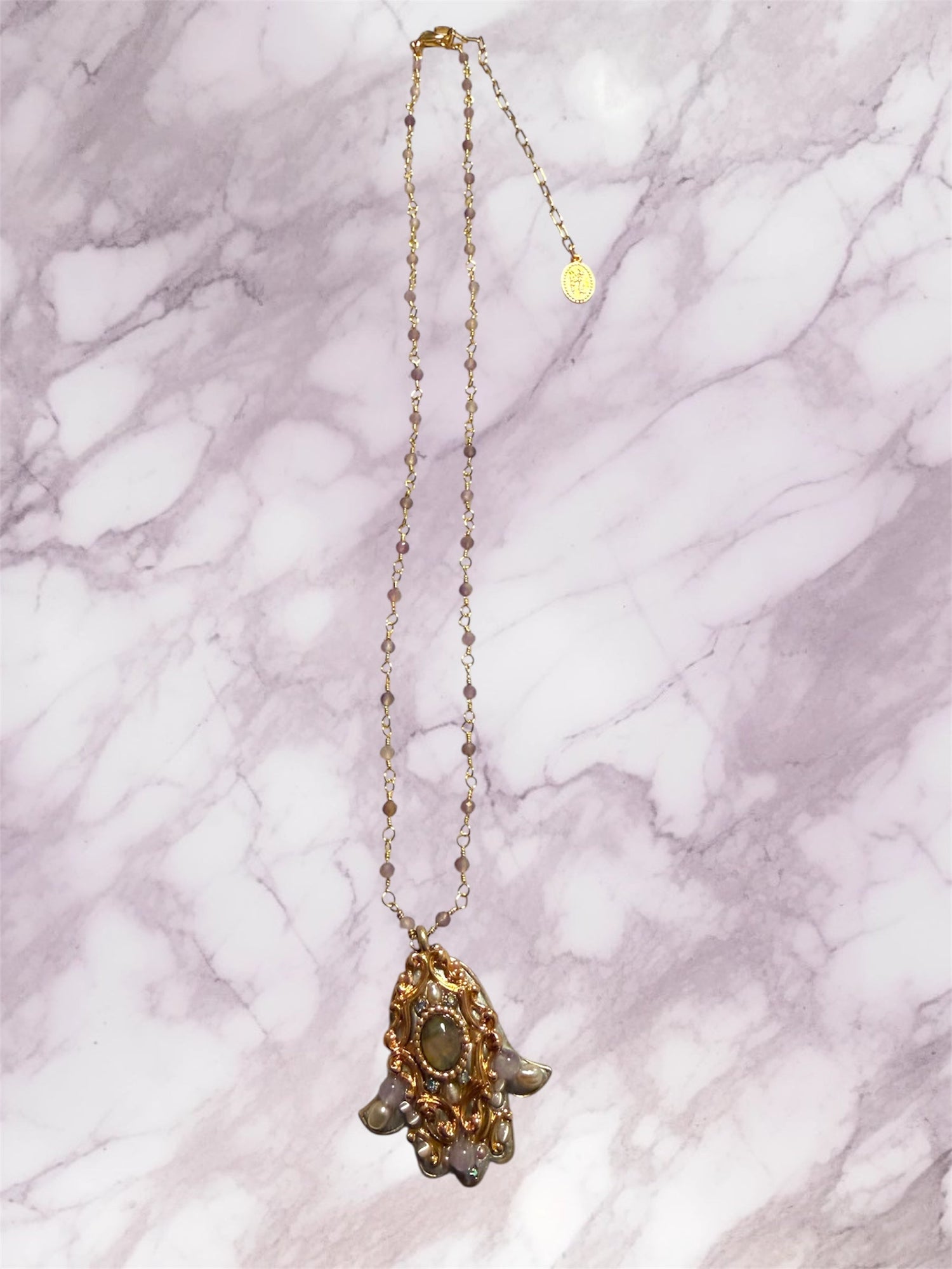 Michal Golan hamsa necklace — abalone and amethyst gold pendant | Judaica Square Lakewood (view 2)