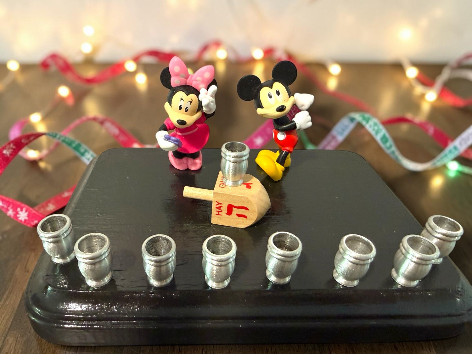 Mickey and Minnie Mouse menorah — repurposed Disney figures on painted wood plaque | Judaica Square Lakewood (view 2)