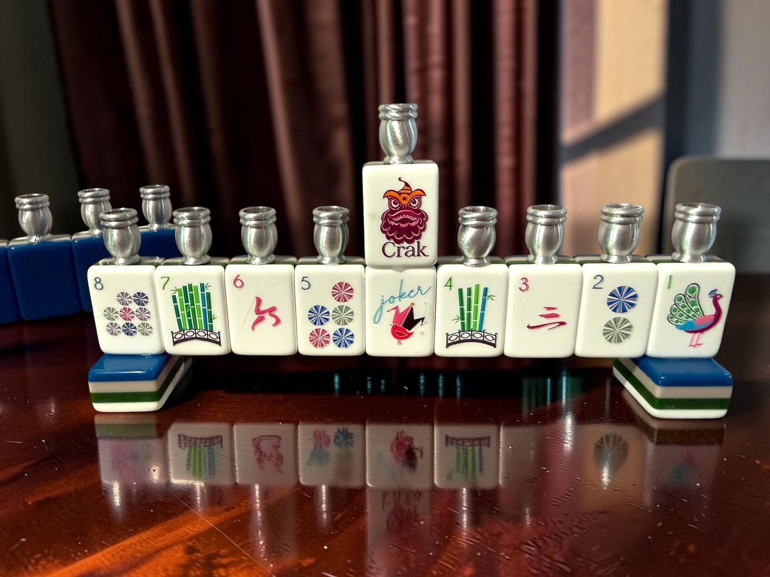 Mah Jongg menorah — repurposed game tiles with numbered aluminum candle cups | Judaica Square Lakewood (view 17)