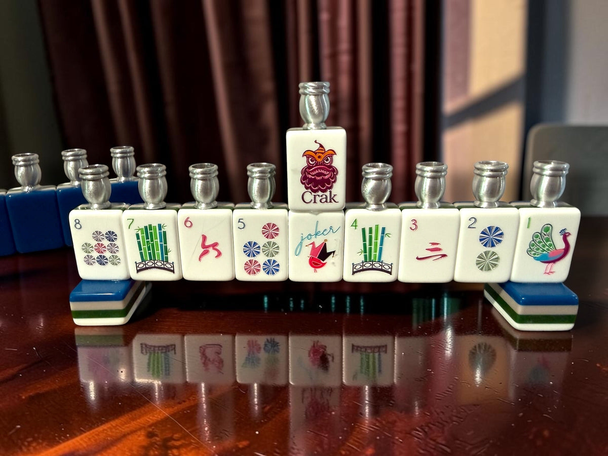 Mah Jongg menorah — repurposed game tiles with numbered aluminum candle cups | Judaica Square Lakewood (view 17)