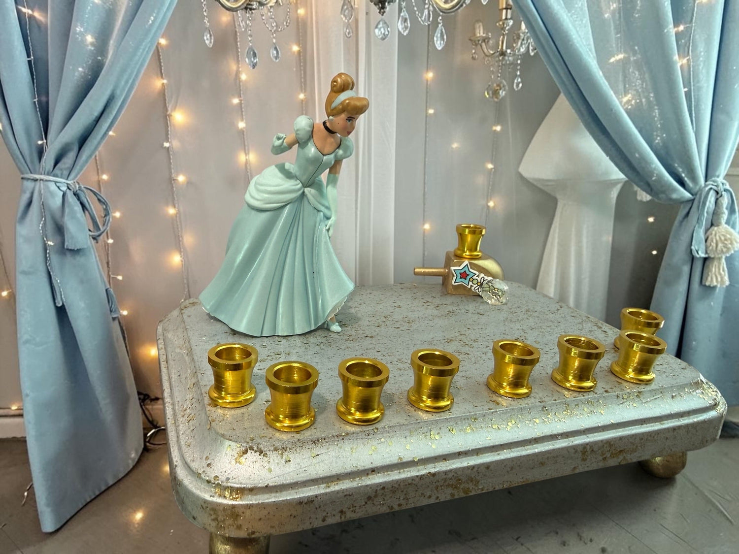 Cinderella menorah — Disney princess figurine on silver base with nine gold cups | Judaica Square Lakewood (view 5)