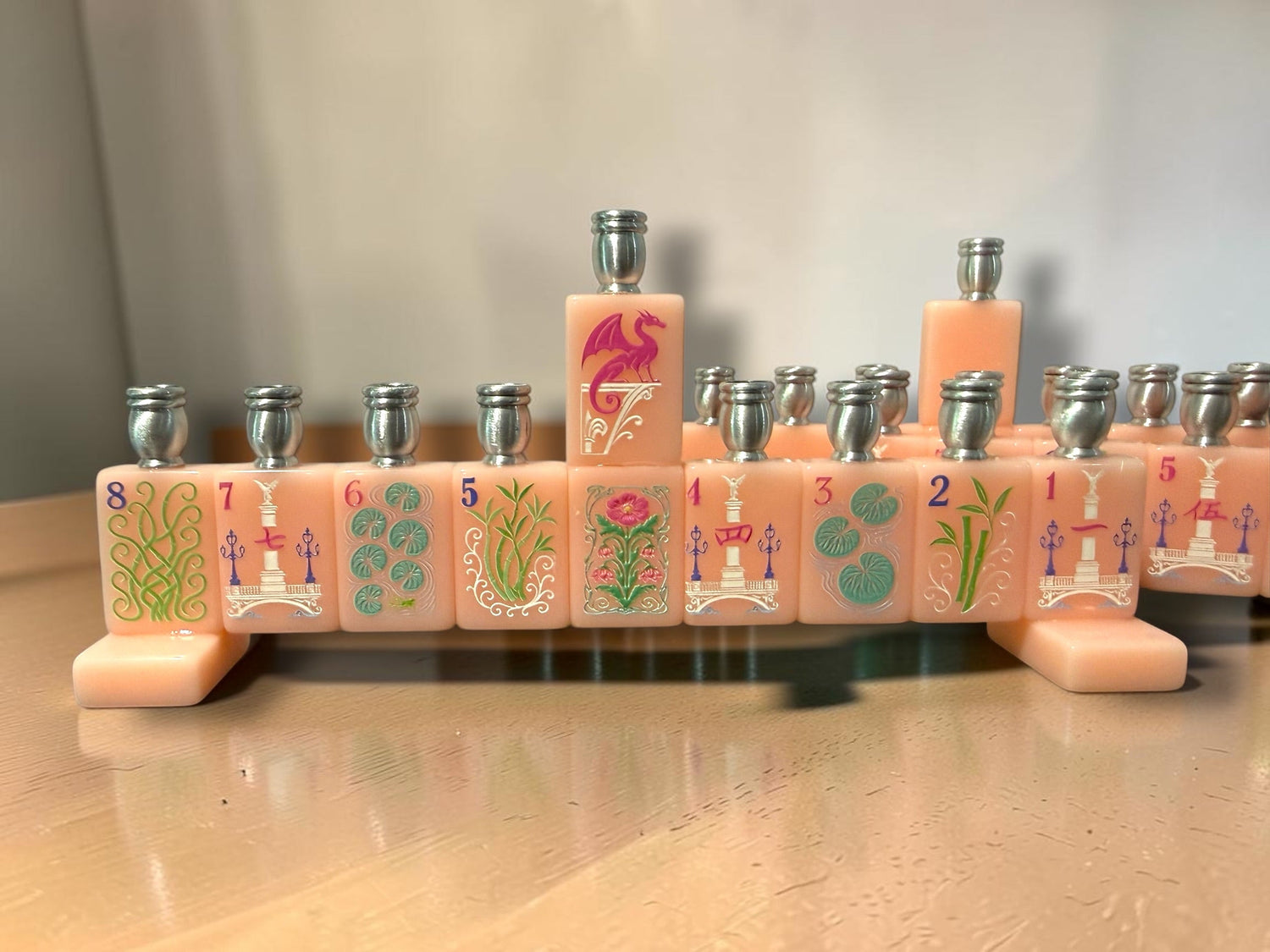 Mah Jongg menorah — repurposed game tiles with numbered aluminum candle cups | Judaica Square Lakewood (view 13)