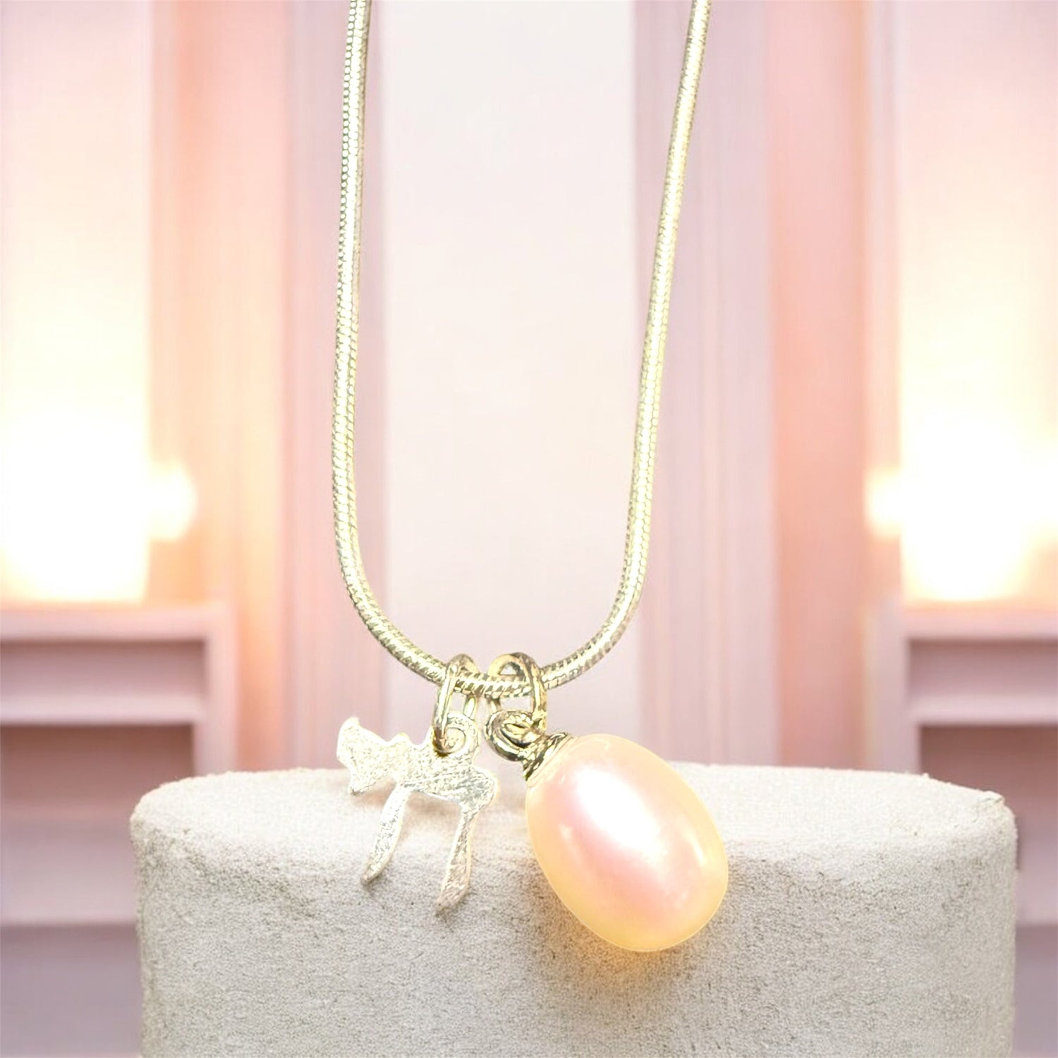 Sterling silver chai necklace — Hebrew charm with pearl bead | Judaica Square Lakewood (view 4)