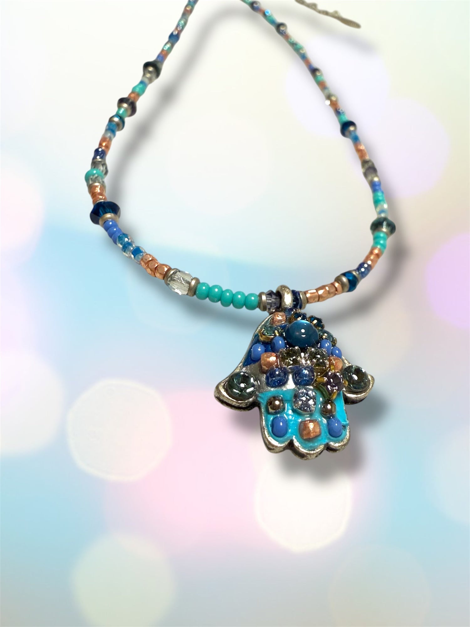 Small blue mosaic hamsa necklace — cobalt glass gold pendant | Judaica Square Lakewood (view 3)