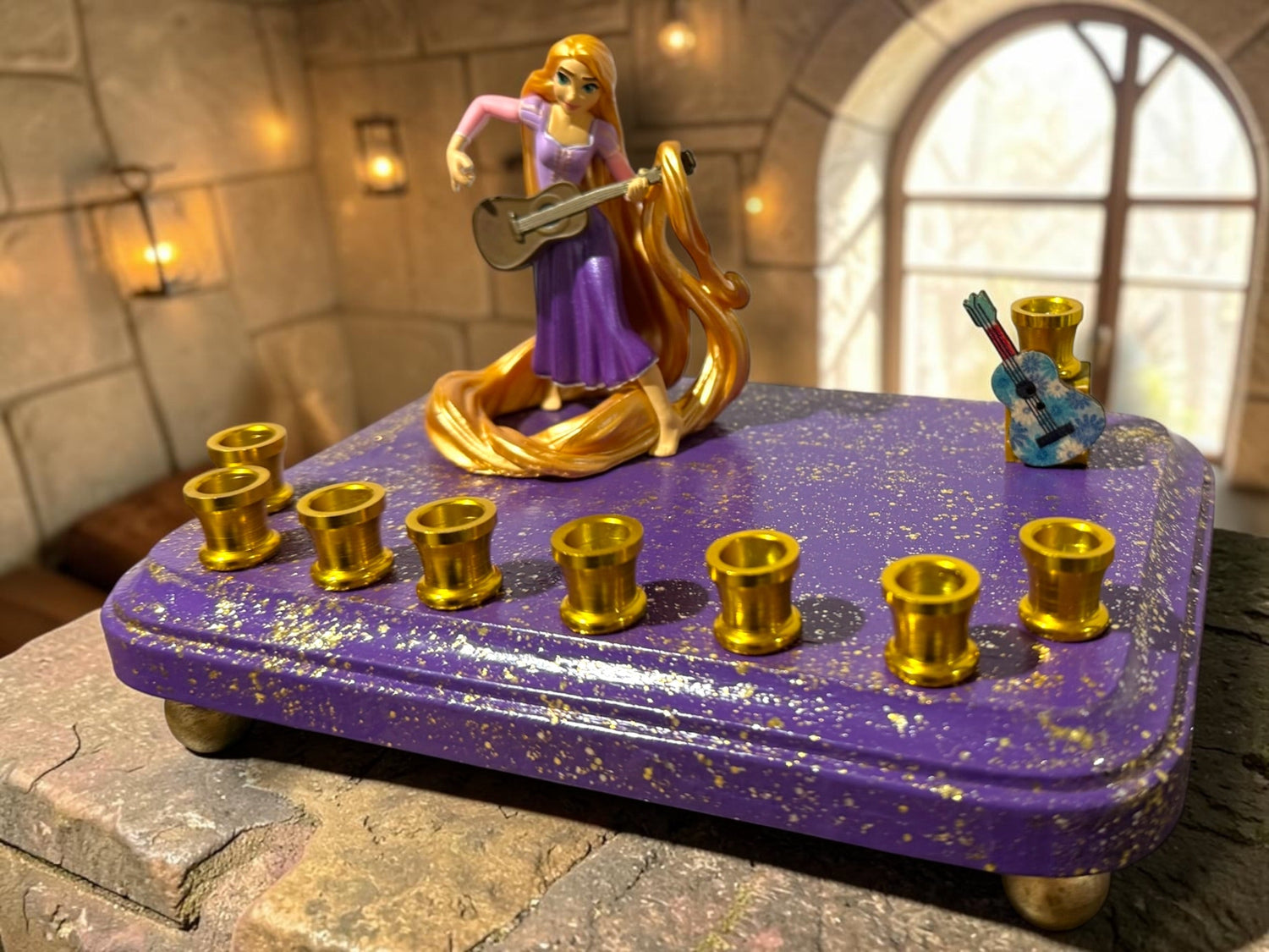 Rapunzel menorah — Tangled figure with wooden guitar shamash on painted base | Judaica Square Lakewood (view 4)