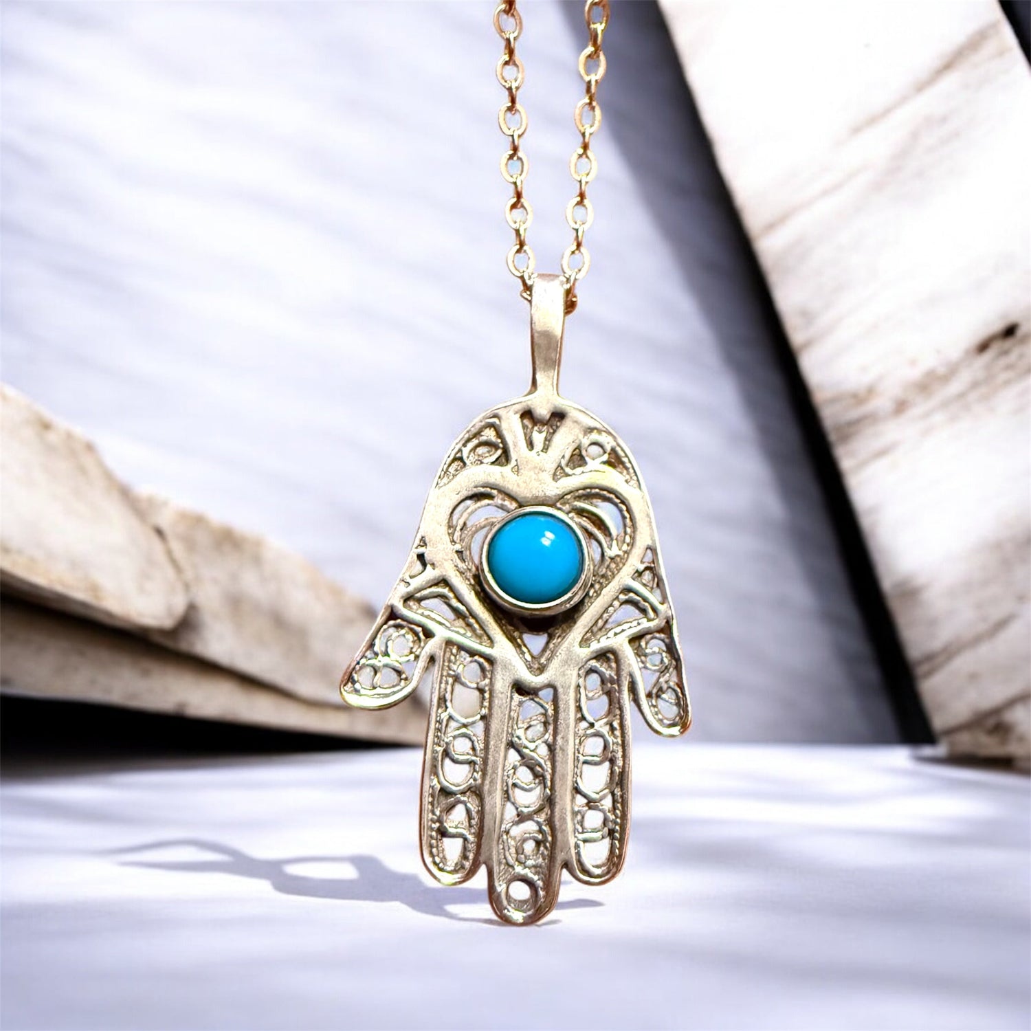 Turquoise stone hamsa hand pendant on a long sterling silver chain | Judaica Square Lakewood (view 2)