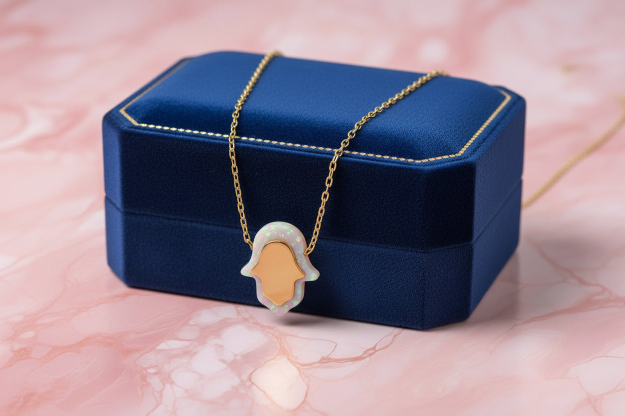 Pink opal hamsa necklace — gold plated sterling pendant | Judaica Square Lakewood (view 2)