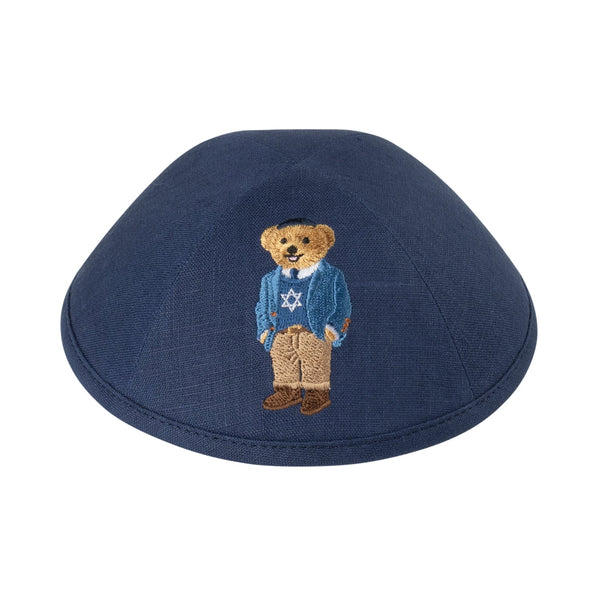iKippah Bear Jewish Star Sweater- Navy Linen Yarmulka