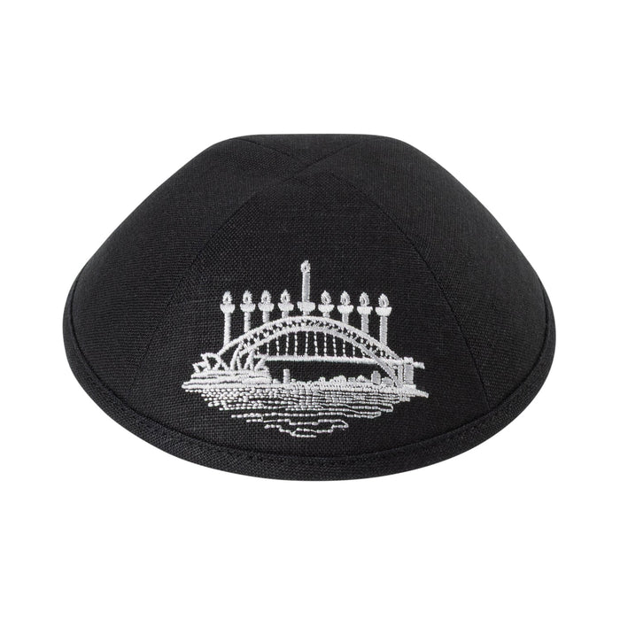 Black linen kippah embroidered in white with the Sydney Opera House, Harbour Bridge and a lit menorah