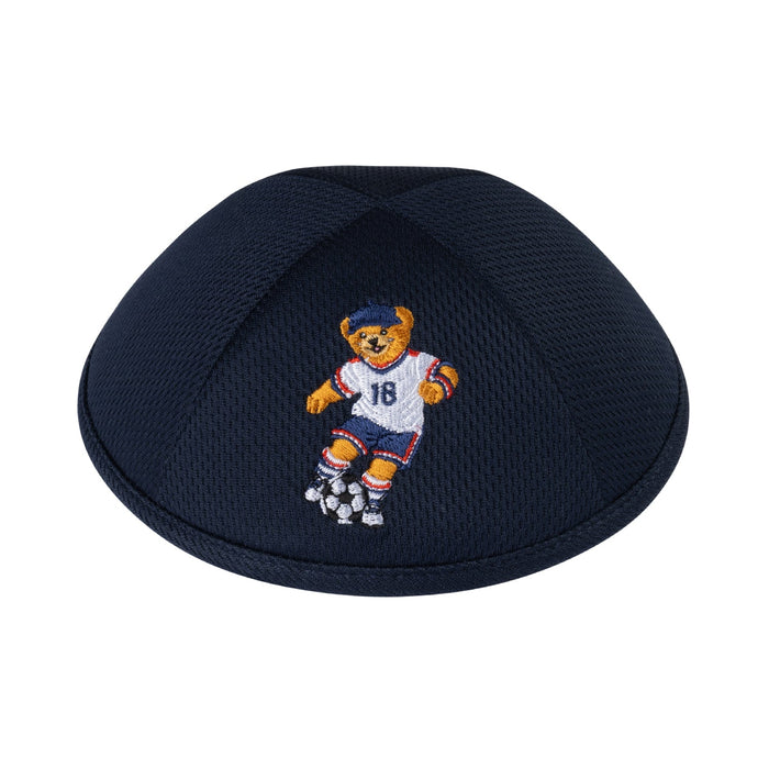 Soccer Dov Bear kippah — navy mesh yarmulke with embroidered bear soccer player | Judaica Square Lakewood