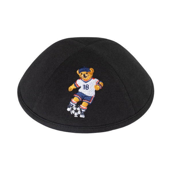 Soccer Dov Bear kippah — black jersey knit yarmulke with embroidered bear soccer player | Judaica Square Lakewood