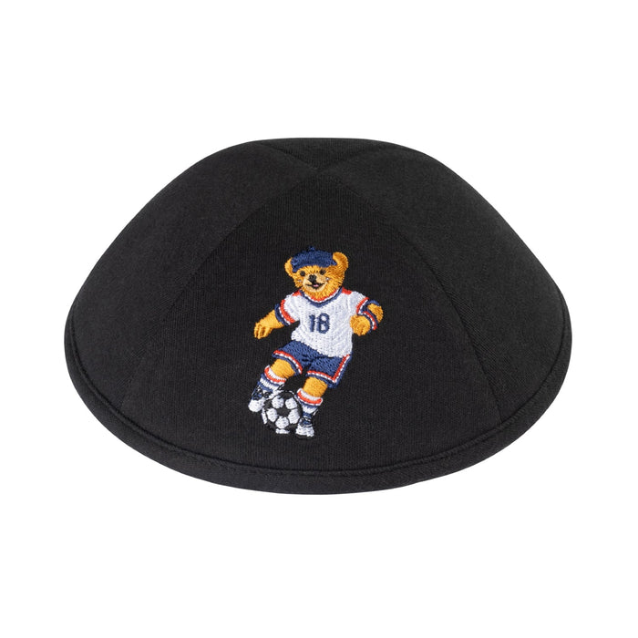 Soccer Dov Bear kippah — black jersey knit yarmulke with embroidered bear soccer player | Judaica Square Lakewood
